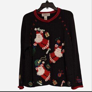 Women's Christmas sweater by Tiara international Y2K red and black with Santa's.
